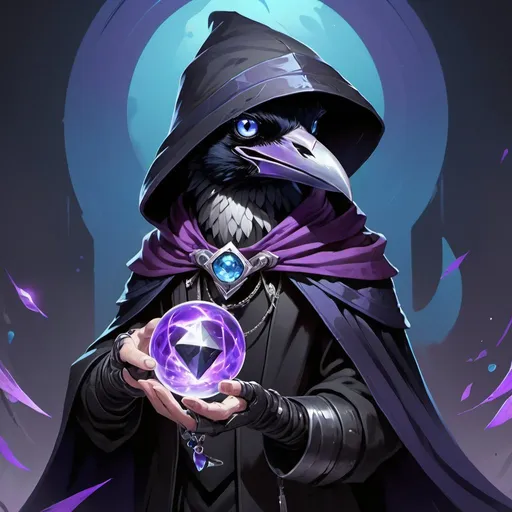 Prompt: a young friendly kenku-crow, upper part of the muzzle is white, blue eyes, in a black outfit with a silver brooch with a pale blue gem holding a purple object in his hand and a purple magical vortex in his other hand, midnight, Dr. Atl, vanitas, league of legends splash art, cyberpunk art