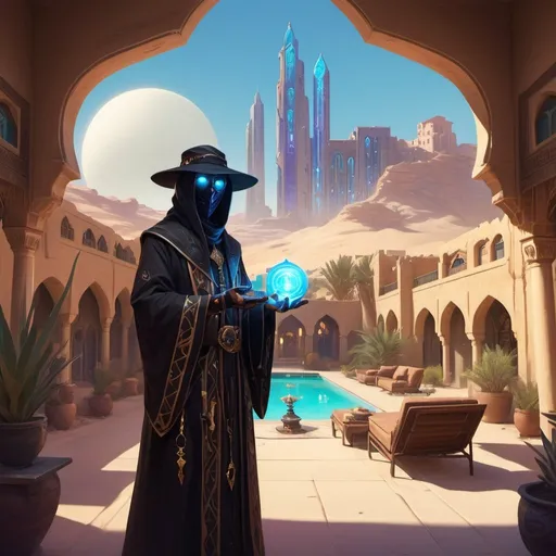 Prompt: a priest dressed as a Bedouin with glowing eyes with light magic in his hands in front of richly furnished apartments of an aristocrat with windows and views of the city in the desert with gardens and pools, Dr. Atl, vanitas, league of legends splash art, cyberpunk art
