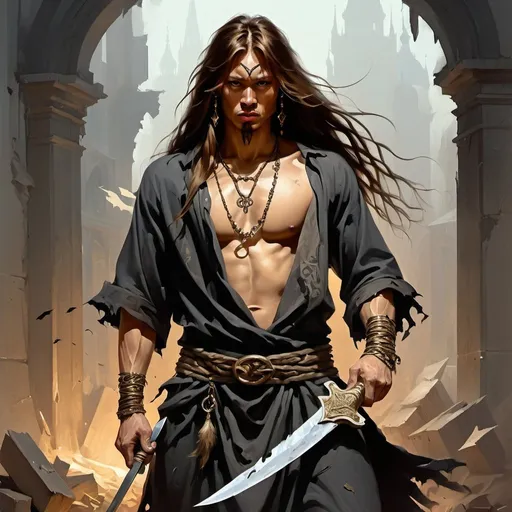 Prompt: a slavic man with a long hair dressed like an slavic warrior in torn mail shirt on holding a scimitar in his hand, Aleksi Briclot, gothic art, deviantart artstation, a fine art painting