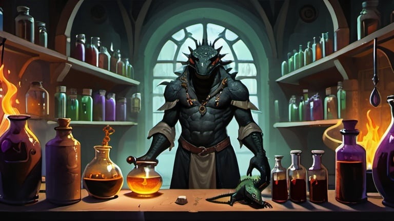 Prompt: A black lizardman alchemist prepares potions in front of interior of a fantasy alchemical laboratory, Art of Brom, fantasy art, epic fantasy character art, concept art