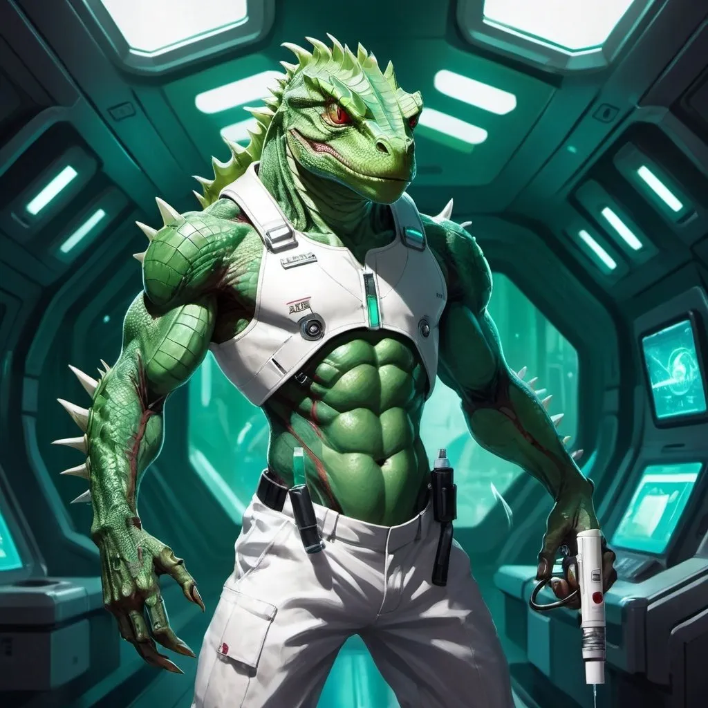 Prompt: A muscular green lizardman with a syringe pistol in his hands dressed in a tight white medical overall stands against the interior of a futuristic spaceship, Dr. Atl, vanitas, league of legends splash art, cyberpunk art