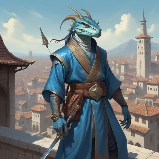 Prompt: a blue bare-chested lizardman wizard  without outerwear and sword and a bag on his shoulder and a scimitar in his hands in oriental attire in satin scarves around the neck with long ears and horns, standing in front of a medieval european fantasy city background, Art of Brom, fantasy art, epic fantasy character art