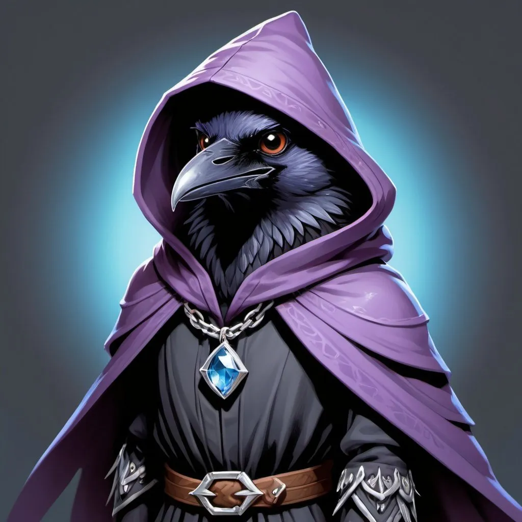 Prompt: The young furry sorcerer Kenku the Crow from the D&D game casts a spell, lilac streams of magical energy burst out of his paws, and magical seals appear. He is thin, has gray plumage and bright lilac eyes, his face looks like a crow, and his facial features are refined. He wears a hood, a long dark gray cloak, the front of the cloak is fastened with a silver chain near his collarbones, and on his left chest is a silver brooch with a pale blue gem. He is excited and smiles playfully. Very detailed.