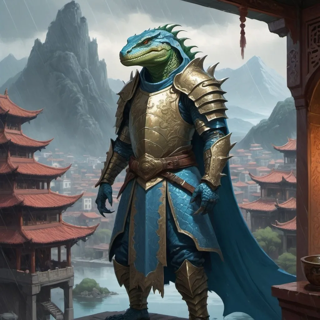 Prompt: a lizardman paladin in oriental medieval armor, standing in front of interior with blue cotton curtains and in front of rainy mountain fantasy city with bay, Art of Brom, fantasy art, epic fantasy character art, concept art