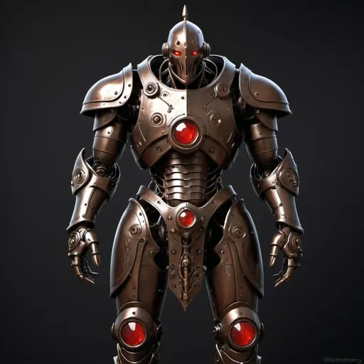 Prompt: a warforged or a robot with cords resembling tree roots reinforced with alchemical fluids serve as muscles that are contained within a bronze frame, the bronze frame resembles the armor of a knight, warforged have beautiful face without a mouth with a hinged jaw and crystalline eyes built under the brow ridges and there is a red spot or mark on the robot's forehead, full-length, neutral dark background, Clint Cearley, altermodern, steampunk