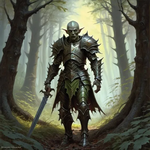 Prompt: zombie elf-warrior in heavy armor wanders through the dark forest, Donato Giancola, fantasy art, epic fantasy character art, concept art