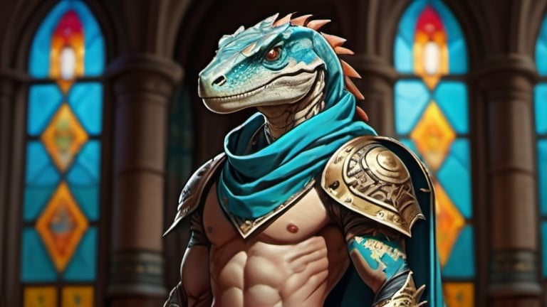 Prompt: A lizardfolk paladin with a khopesh in his right hand, 
full length, slim athletic build, his muzzle looks like a velociraptor, he smiles reservedly, his scales are pale blue, he mysteriously looks somewhere into the distance. He is dressed in oriental style metal heavy armor, he is wearing a silk scarf that flutters in the wind. Behind his back is a turquoise cloak. He stands against the background of a fantasy temple interior, colored stained glass windows from which daylight falls, curtains hanging down to the floor. Highly detailed.