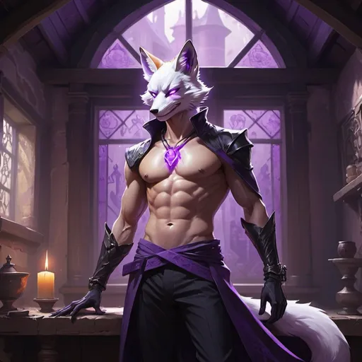 Prompt: male kitsune-fox in a bare-chested revealing black outfit in front of the interior of an medieval aristocrat's house creates rays of purple energy, Dr. Atl, vanitas, league of legends splash art, cyberpunk art