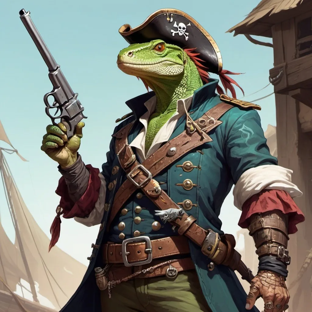 Prompt: a bare-breasted lizardfolk dressed like a pirate with an old 
arquebus and a lizard on his back, holding a pistol in his hand, with pistols on his belt, Adam Rex, furry art, epic fantasy character art, concept art