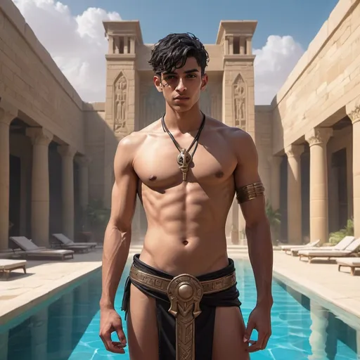 Prompt: a Egyptian bare-chested young man-priest with a short loincloth in front of stone hall with swimming pool, Dr. Atl, vanitas, league of legends splash art, cyberpunk art