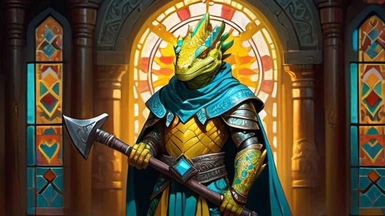 Prompt: A yellow lizardman paladin with hammer in his hand dressed in oriental style metal heavy armor and a silk scarf and turquoise cloak, standing against the background of a fantasy Aztec temple interior with colored stained glass windows and curtains, Art of Brom, fantasy art, epic fantasy character art, concept art