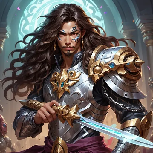 Prompt: a man a long hair with a long hair dressed like an slavic warrior in chain mail shirt on holding a scimitar in his hand, Dr. Atl, vanitas, league of legends splash art, cyberpunk art