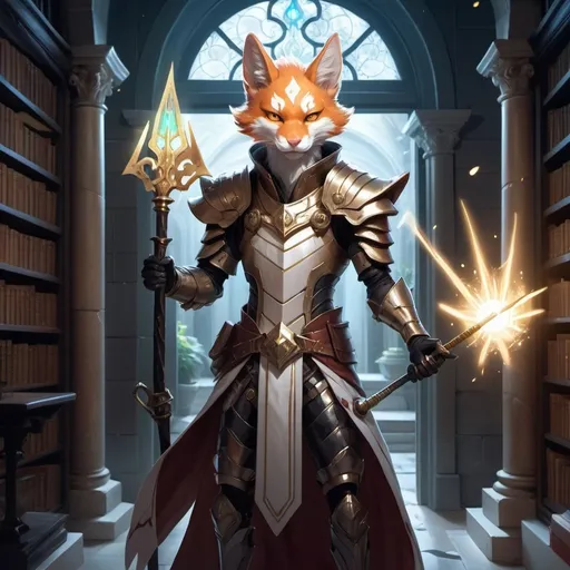 Prompt: A slender humanoid ginger kitsune in the stylish armor of a sorcerer with a metal rod in his hands creates a funnel of magical white rays in front of interior of a stone mansion with a library in the midnight, Dr. Atl, vanitas, league of legends splash art, cyberpunk art