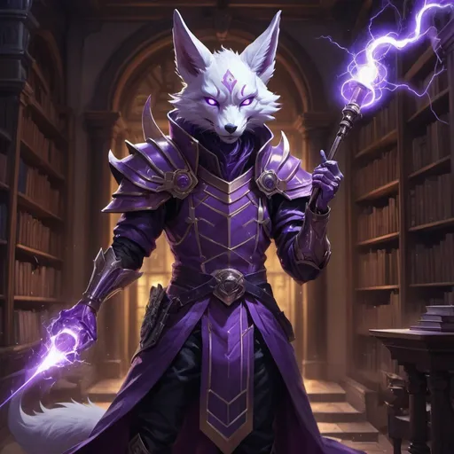 Prompt: A slender humanoid kitsune in the stylish armor of a sorcerer with a metal rod in his hands creates a funnel of magical purple lightning in front of interior of a stone mansion with a library in the midnight, Dr. Atl, vanitas, league of legends splash art, cyberpunk art