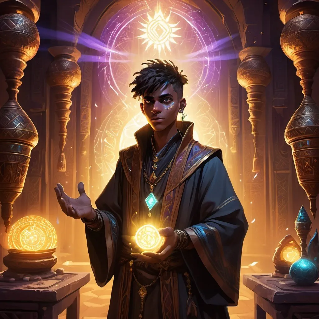 Prompt: a young man-priest dressed as a Bedouin with glowing eyes with rays of light in his hands in front of richly decorated wizard’s chambers during the day, Dr. Atl, vanitas, league of legends splash art, cyberpunk art