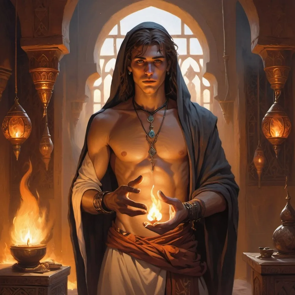 Prompt: a bare-chested young man-priest dressed as a Bedouin with glowing eyes with flame of light in his hands in front of richly decorated wizard’s chambers during the day, Art of Brom, fantasy art, epic fantasy character art, concept art
