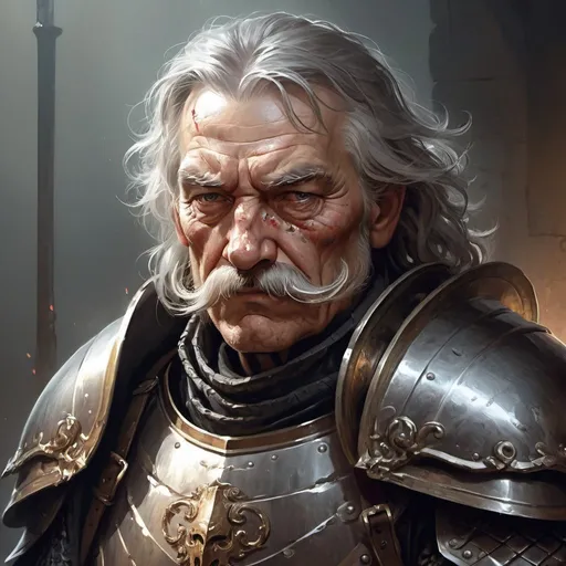 Prompt: a old man in plate armor with a tight bandage covering the left eye, with thick hair and mustache, Aleksi Briclot, antipodeans, epic fantasy character art