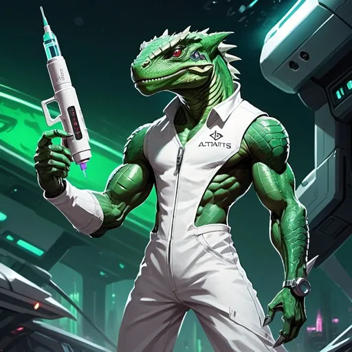 Prompt: A muscular green lizardman with a syringe-pistol in his hands, dressed in a tight white medical overall, stands against the backdrop of a futuristic spaceship, Dr. Atl, vanitas, league of legends splash art, cyberpunk art