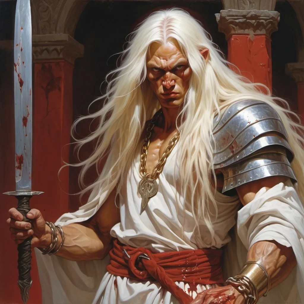 Prompt: a tall man with a long white hair  dressed like an slavic warrior with a saber and tattered chain mail shirt on from Transylvania holding a knife in his hand and a bloody face, Donato Giancola, fantasy art, epic fantasy character art, concept art