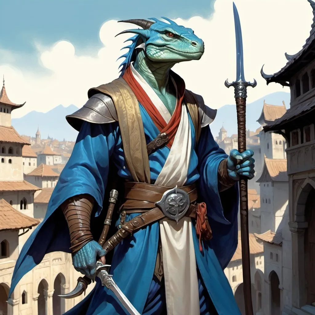 Prompt: a blue bare-chested lizardman wizard  without outerwear and sword and a bag on his shoulder and a scimitar in his hands in oriental attire in satin scarves around the neck with long ears and horns, standing in front of a medieval european fantasy city background, Art of Brom, fantasy art, epic fantasy character art