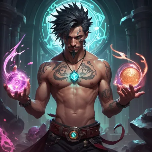 Prompt: a bare-chested man dressed like a savage draws a magic seal, Dr. Atl, vanitas, league of legends splash art, cyberpunk art