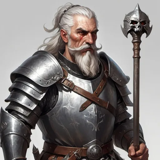 Prompt: a man in plate armor with a mace and a helmet on his head and a mace in his hand and with left eye patch and with thick gray hair and mustache, Aleksander Gine, antipodeans, epic fantasy character art, concept art