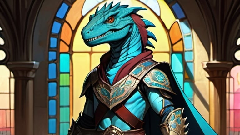 Prompt: A lizardfolk paladin with a khopesh in his right hand, slim athletic build, his muzzle looks like a velociraptor, he smiles reservedly, his scales are pale blue, he mysteriously looks somewhere into the distance. He is dressed in oriental style metal heavy armor, he is wearing a silk scarf that flutters in the wind. Behind his back is a turquoise cloak. He stands against the background of a fantasy temple interior, colored stained glass windows from which daylight falls, curtains hanging down to the floor. Art of Brom, fantasy art, epic fantasy character art, concept art