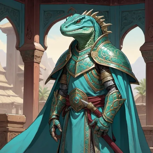 Prompt: A lizardfolk paladin with a khopesh in his right hand, slim athletic build, his muzzle looks like a cayman, he smiles reservedly, his scales are pale blue, he mysteriously looks somewhere into the distance. He is dressed in oriental style metal heavy armor. Behind his back is a turquoise cloak. He stands against the background of a fantasy temple interior, colored stained glass windows from which daylight falls, curtains hanging down to the floor. Highly detailed.