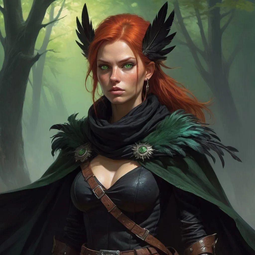 Prompt: a scandinavian woman monster hunter with red hair and green eyes wearing a black outfit and cape and a black scarf with green feathers on her head and a black snood around her neck and on her chest, full length, Donato Giancola, fantasy art, epic fantasy character art, concept art