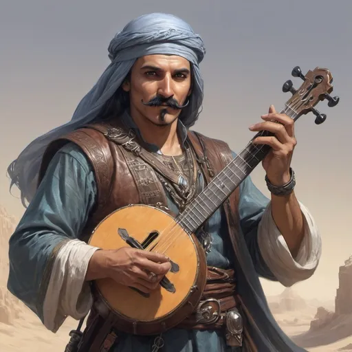 Prompt: a arabian man with a mustache, he is a bard from Dungeons and Dragons, 
hold a musical instrument in hands, Aleksi Briclot, antipodeans, epic fantasy character art