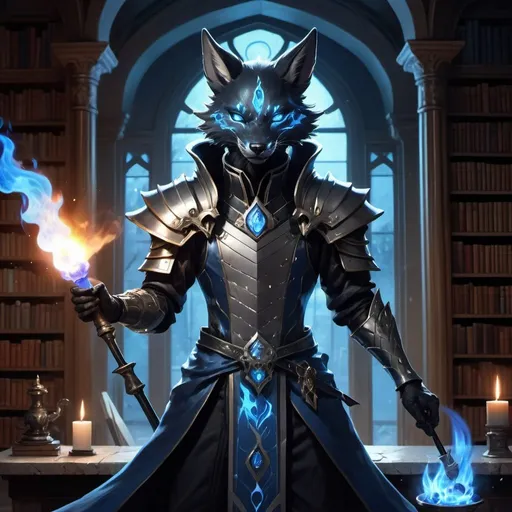 Prompt: A slender humanoid black kitsune in the stylish armor of a sorcerer with a metal rod in his hands creates a funnel of magical blue flame in front of interior of a stone mansion with a library in the midnight, Dr. Atl, vanitas, league of legends splash art, cyberpunk art