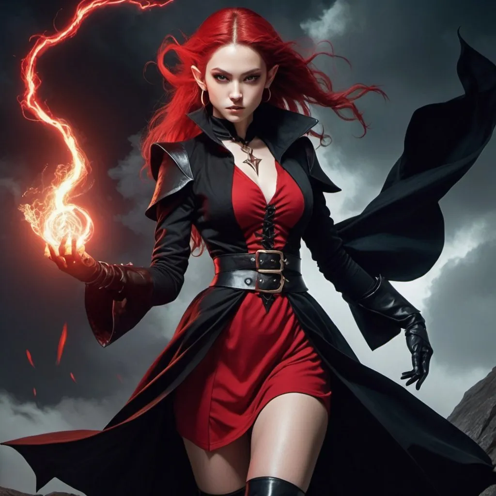 Prompt: a woman elf witch from Dungeons and Dragons in a red and black dress and a black coat and boots causes red lightning, Ayami Kojima, arabesque, vogue, a poster