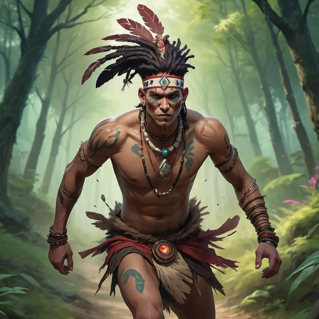 Prompt: a bare-chested shaman dressed like a Indian medicine man running in front of forest, Dr. Atl, vanitas, league of legends splash art, cyberpunk art