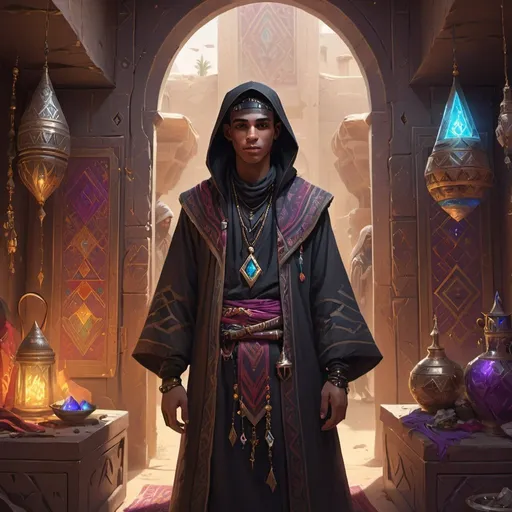 Prompt: a young man-priest dressed as a Bedouin in front of richly decorated wizard’s chambers during the day, Dr. Atl, vanitas, league of legends splash art, cyberpunk art