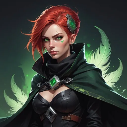 Prompt: a scandinavian woman-witch with red hair and green eyes wearing a black outfit and a black scarf with green feathers on her head and a black snood around her neck and and cape, Dr. Atl, vanitas, league of legends splash art, cyberpunk art