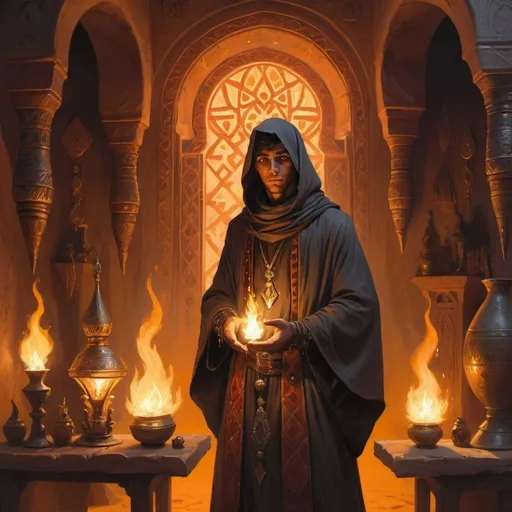 Prompt: a young man-priest dressed as a Bedouin with glowing eyes with flame of light in his hands in front of richly decorated wizard’s chambers during the day, Art of Brom, fantasy art, epic fantasy character art, concept art
