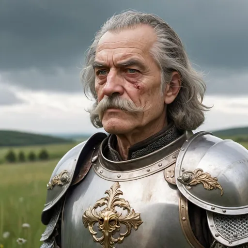 Prompt: a old man in plate armor without left eye with eye patch on his left eye, with thick hair and mustache, stands against the backdrop of a meadow in cloudy weather, character art