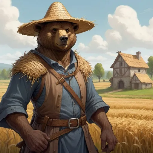 Prompt: a bearfolk from DnD with straw hat like Kopatych's is standing in a medieval peasant fields in the background, Chris Rahn, fantasy art, epic fantasy character art, a character portrait