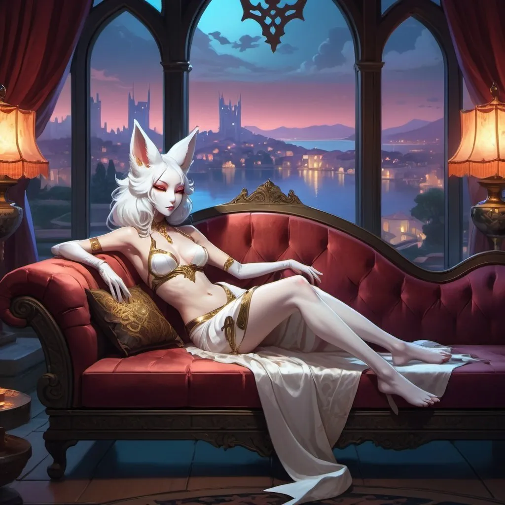 Prompt: A male slender humanoid white kitsune dressed as a courtesan lying on a luxurious sofa in front of interior of a fantasy estate with window overlooking the night medieval city with a bay, Dr. Atl, vanitas, league of legends splash art, cyberpunk art