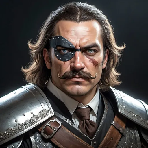 Prompt: a 40 years old man in plate armor wearing a fake eye patch with a tie covering the eye on the left eye and with thick hair and mustache, Aleksi Briclot, antipodeans, epic fantasy character art