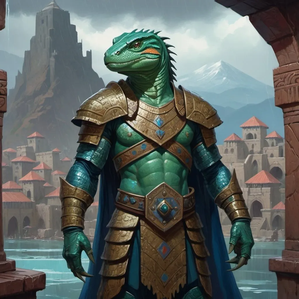 Prompt: a sea ​​green lizardman warrior in modernized medieval Armenian armor, standing in front of a Aztec interior with blue cotton curtains and in front of rainy mountain fantasy city with bay, Art of Brom, fantasy art, epic fantasy character art, concept art