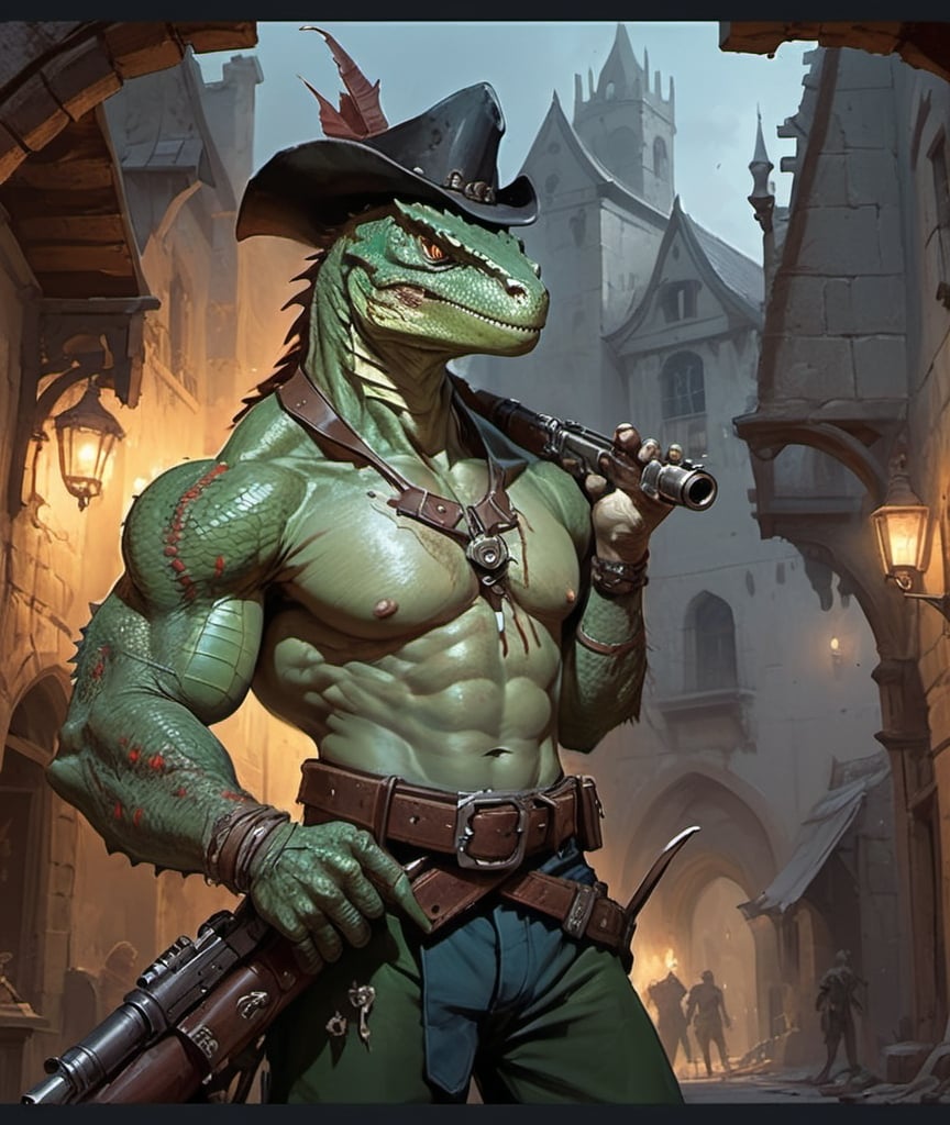 Prompt: a bare chested lizardman with scars on his chest holding a antique hand cannon in his hand, with antique pistols on his belt, standing in front of medieval buildings, Aleksi Briclot, furry art, epic fantasy character art, concept art