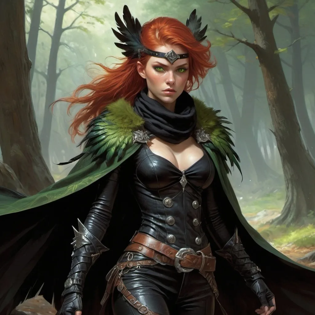 Prompt: a scandinavian woman monster hunter with red hair and green eyes wearing a black outfit and cape and a black scarf with green feathers on her head and a black snood around her neck and on her chest and in high boots, full length, Donato Giancola, fantasy art, epic fantasy character art, concept art