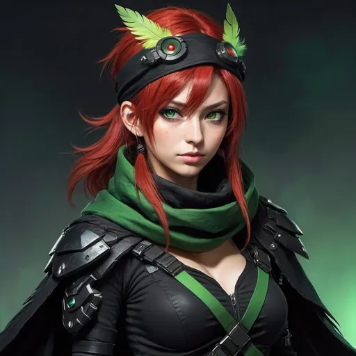 Prompt: a scandinavian woman monster hunter with red hair and green eyes wearing a black outfit and cape and a black scarf with green feathers on her head and a black snood around her neck and on her chest, full length, Ayami Kojima, cyberpunk art