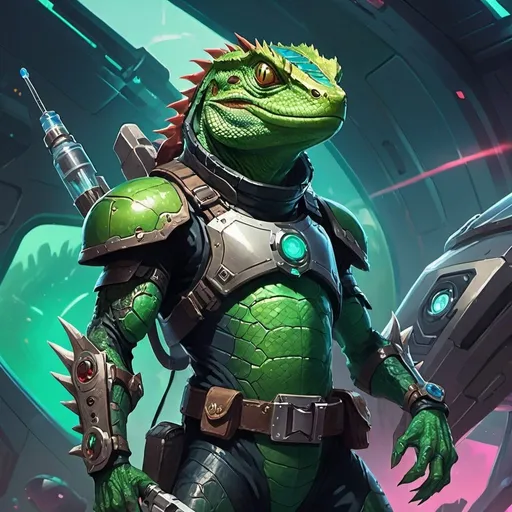 Prompt: A green lizardman, armed with a syringe pistol, dressed in armor with an open belly, stands against the backdrop of a futuristic spaceship, Dr. Atl, vanitas, league of legends splash art, cyberpunk art