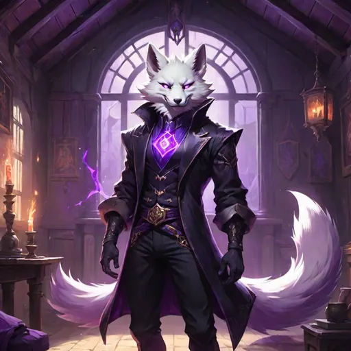 Prompt: male kitsune with furry body like a furry in a bare-chested revealing black outfit in front of the interior of an medieval aristocrat's house creates rays of purple energy, Dr. Atl, vanitas, league of legends splash art, cyberpunk art