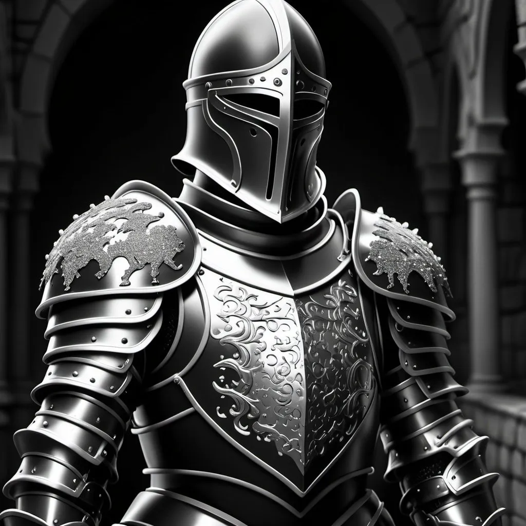 Prompt: a black and white photo of a black knight armor with metal flakes on it's chest and shoulders, with a background, Andries Stock, photorealism, armor, an ambient occlusion render