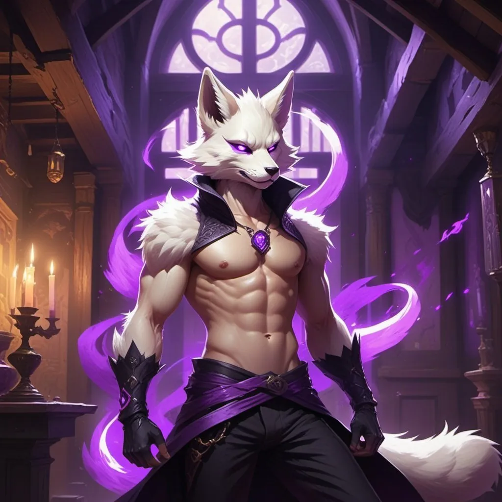 Prompt: male kitsune with furry body like a furry in a bare-chested revealing black outfit in front of the interior of an medieval aristocrat's house creates rays of purple energy, Dr. Atl, vanitas, league of legends splash art, cyberpunk art