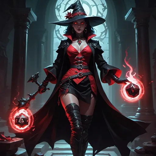 Prompt: a woman witch from Dungeons and Dragons in a red and black dress and a black coat and boots causes a dark light, Dr. Atl, vanitas, league of legends splash art, cyberpunk art