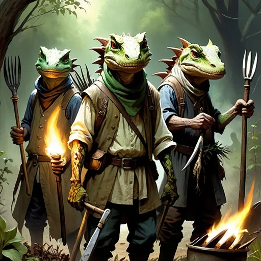 Prompt: a group of lizardfolks peasants with pitchforks, torches and other garden tools in tattered clothes, Chris Rahn, fantasy art, epic fantasy character art, a character portrait